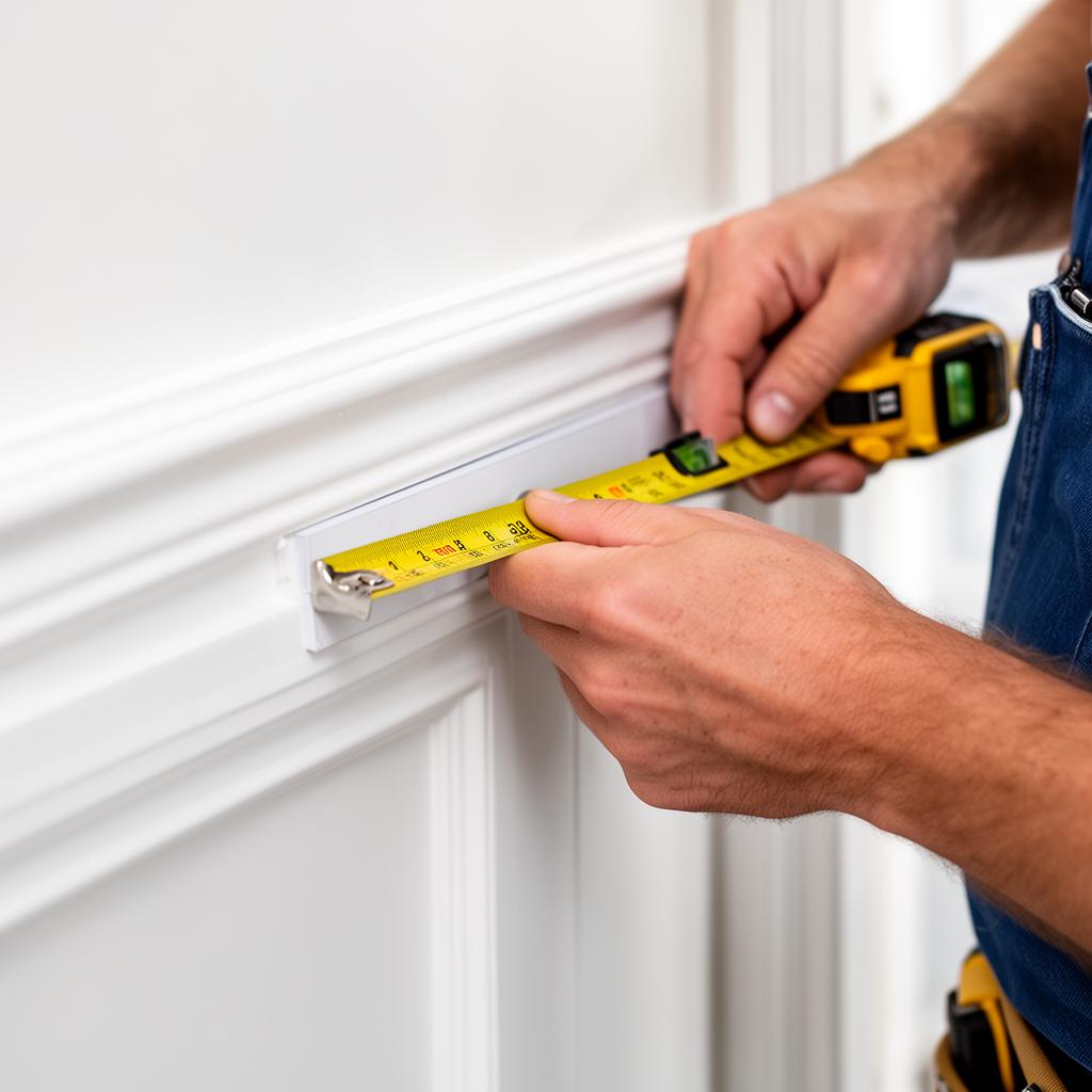 Pinder Property Services craftsman measuring interior trim on a Frederick, MD home renovation